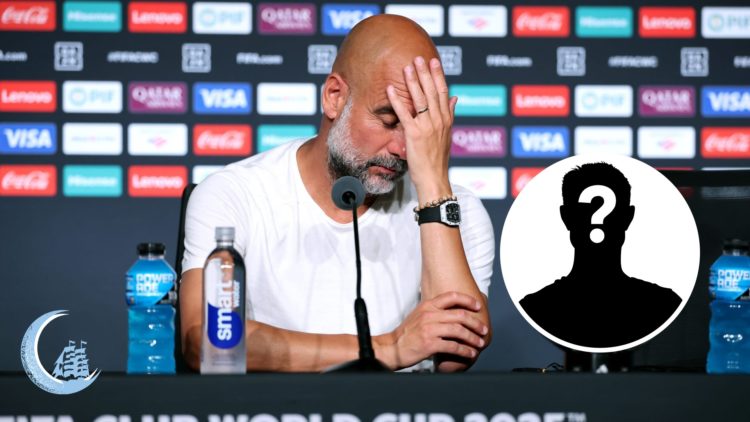 Manchester City manager Pep Guardiola with inset of mystery silhouette