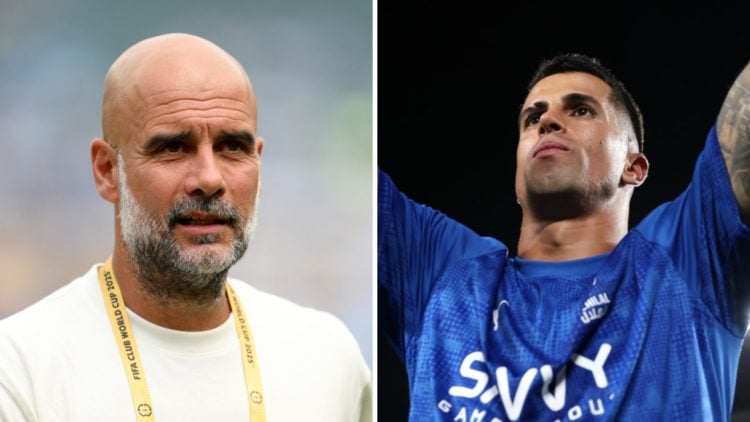 Manchester City manager Pep Guardiola looks on (left), Joao Cancelo holds his arms aloft (right)