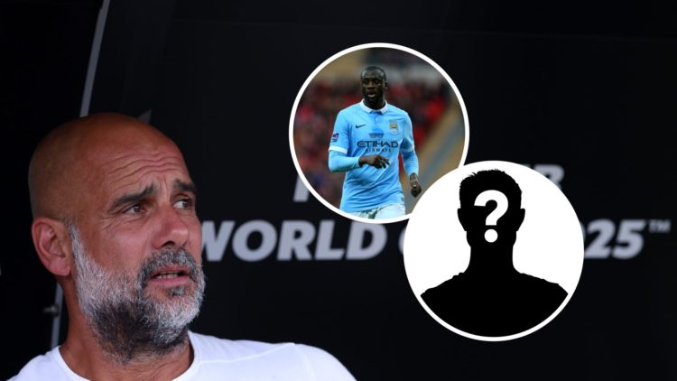 Manchester City manager Pep Guardiola with insets of Yaya Toure and mystery silhouette