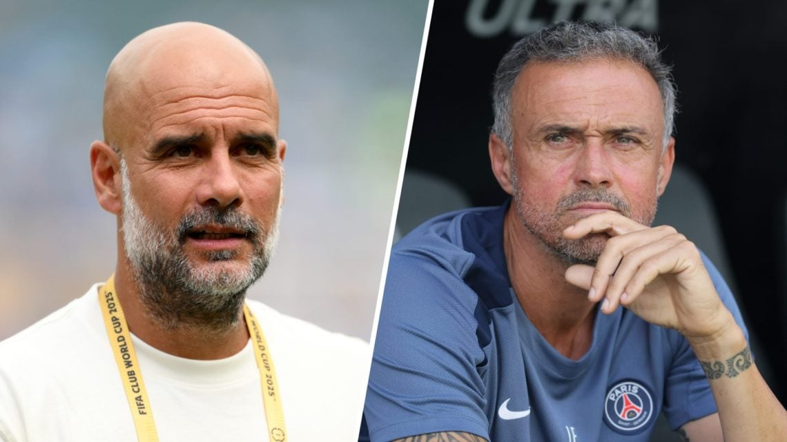 Split image - Close up of Man City manager Pep Guardiola walking into a stadium (left) PSG boss Luis Enrique with his hand on his chin (right)