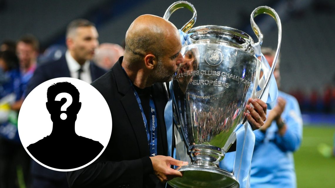 Man City manager Pep Guardiola kissing the Champions League trophy (main image) mystery player inset (bottom right corner)