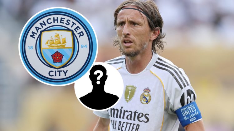 Luka Modric playing for Real Madrid against PSG at the FIFA Club World Cup, Manchester City badge and mystery figure inset