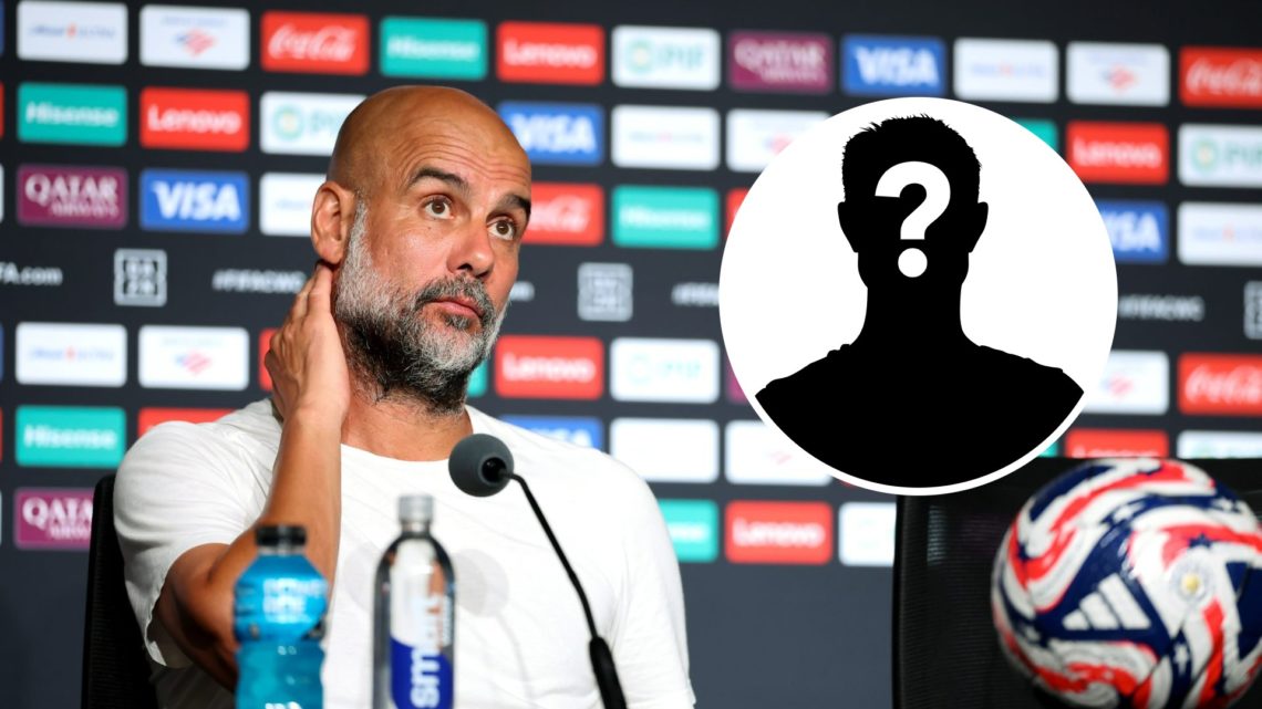Pep Guardiola rubs his neck during a Man City press conference (main image) mystery player inset (top right corner)