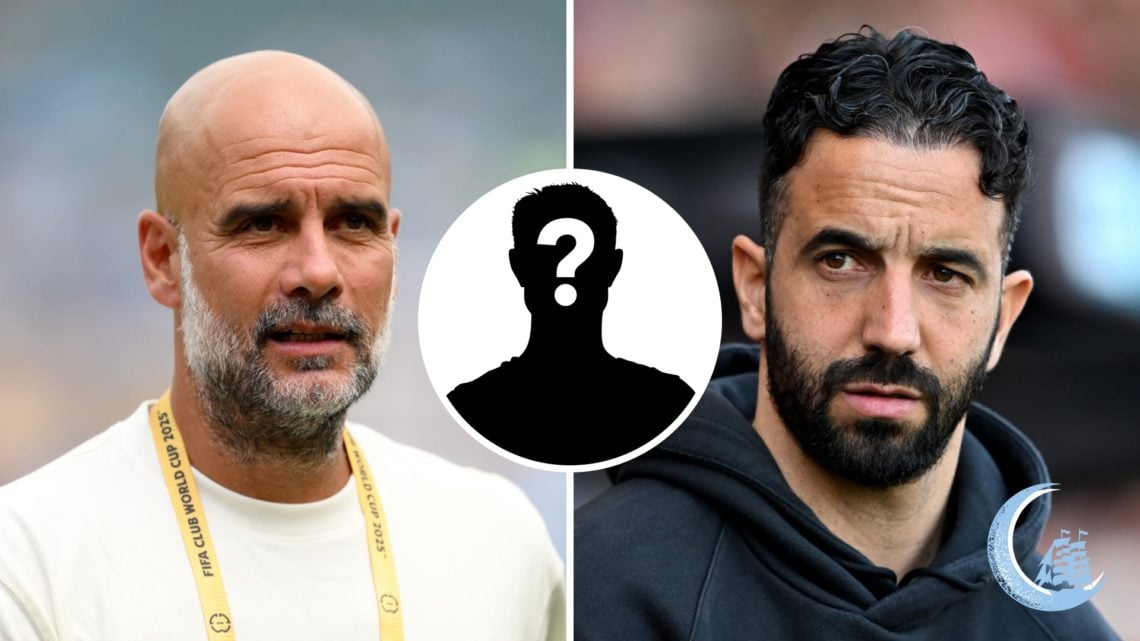 Split image of Manchester City manager Pep Guardiola and Manchester United boss Ruben Amorim with inset of mystery silhouette
