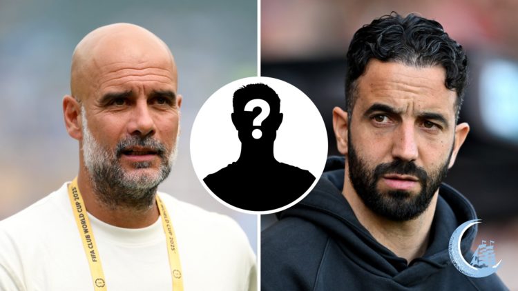 Split image of Manchester City manager Pep Guardiola and Manchester United boss Ruben Amorim with inset of mystery silhouette