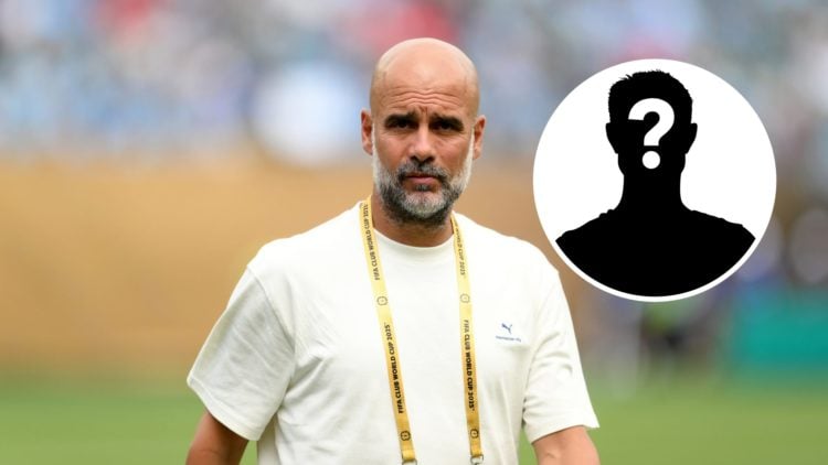 Man City boss Pep Guardiola walking into a stadium (main image) mystery player inset (top right corner)