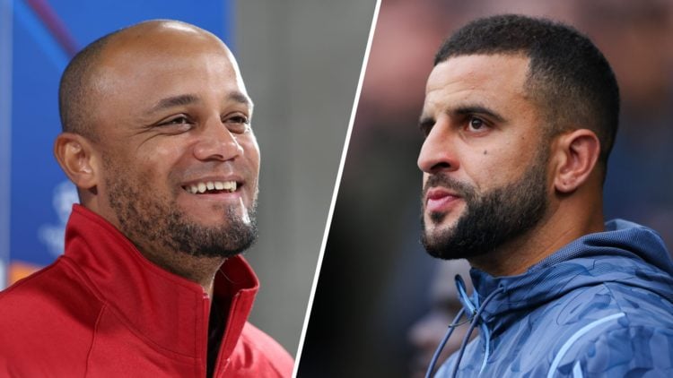 Split image - Vincent Kompany smiling at a Bayern Munich press conference (left) close up of Kyle Walker at Man City (right)
