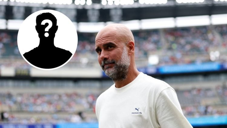 Manchester City manager Pep Guardiola with inset of mystery silhouette