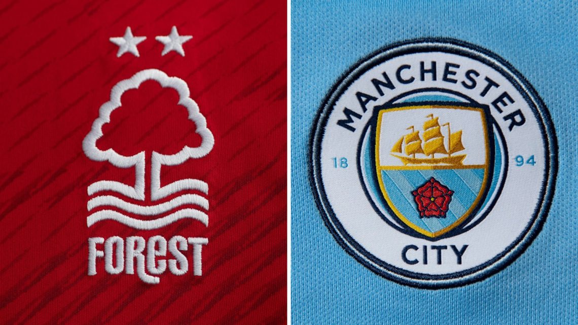 Split image of the Nottingham Forest badge and the Manchester City badge