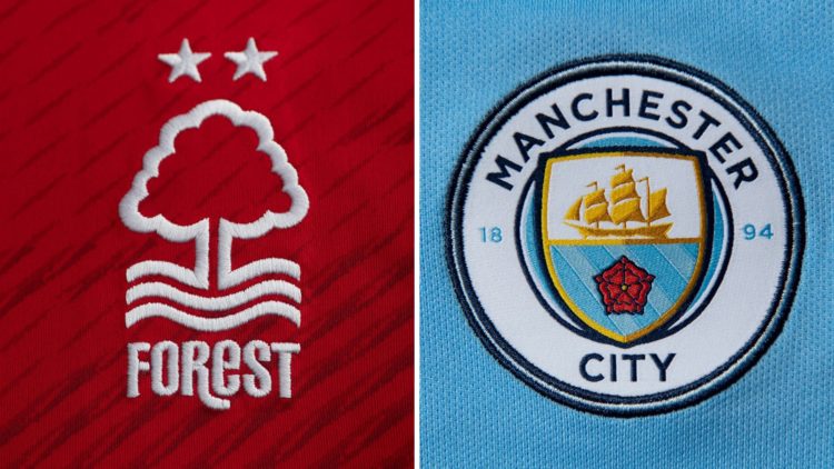 Split image of the Nottingham Forest badge and the Manchester City badge