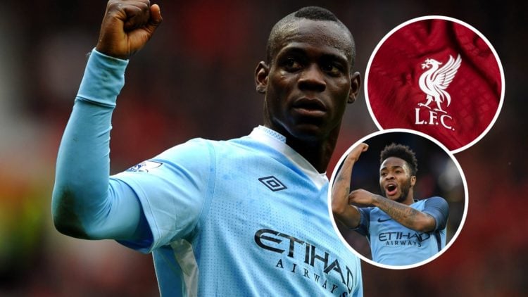 Mario Balotelli celebrating for Manchester City, Raheem Sterling and Liverpool badge inset