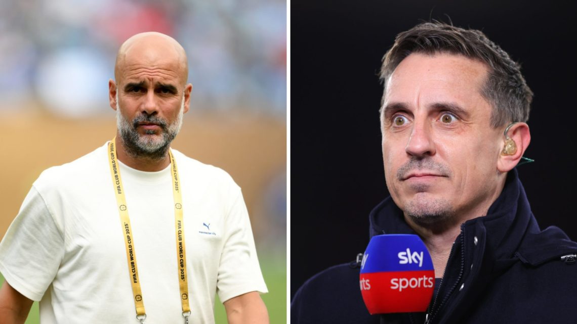 Split image - Pep Guardiola walking into a stadium at the FIFA Club World Cup (left) Gary Neville with a Sky Sports microphone (right)