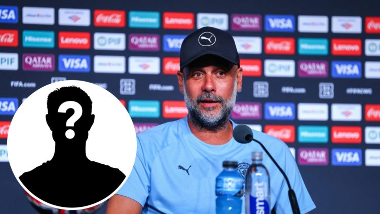 Pep Guardiola at a Man City press conference (main image) mystery player inset (bottom left corner)