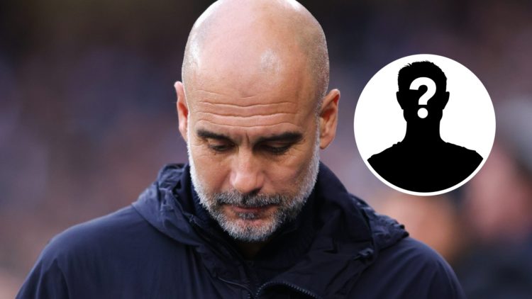 Man City manager Pep Guardiola with his head down (main image) mystery player inset (top right corner)