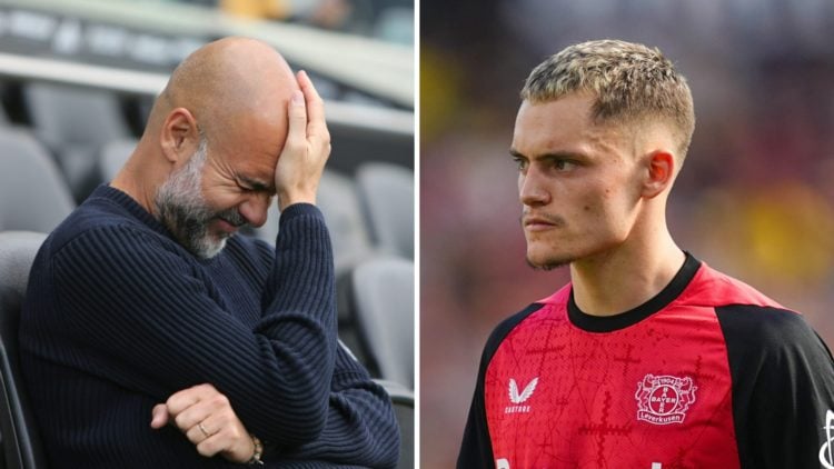 Split image - Pep Guardiola on the Man City bench with his hand on his forehead (left) close up of Florian Wirtz in action (right)