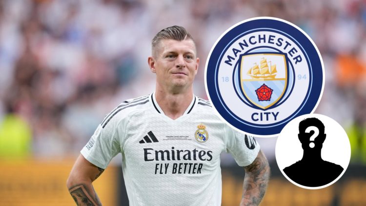 Toni Kroos playing a charity game for Real Madrid, Manchester City badge and mystery figure inset