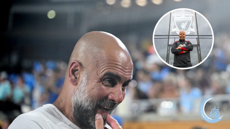 Manchester City manager Pep Guardiola with inset of Liverpool manager Arne Slot