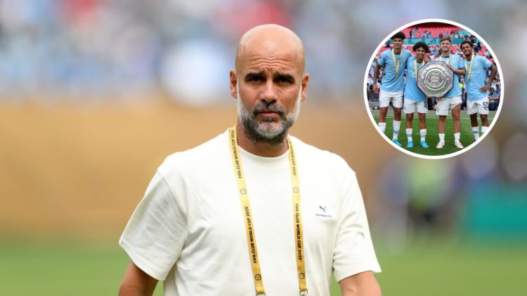 Manchester City manager Pep Guardiola with inset of Nico O'Reilly and other players after the 2024 Community Shield win