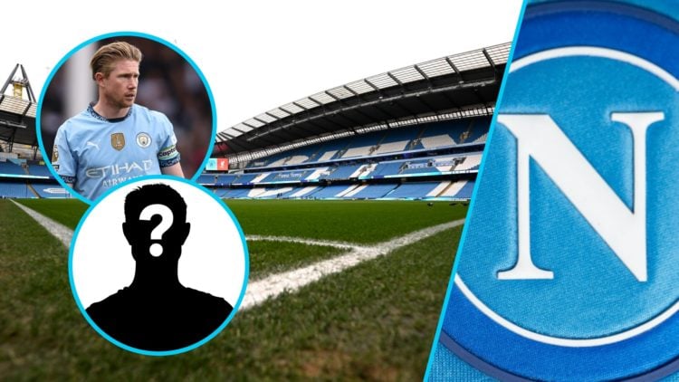 A general view of the Etihad Stadium (left background), Napoli badge (right), Kevin De Bruyne playing for Manchester City (upper inset), mystery pl...