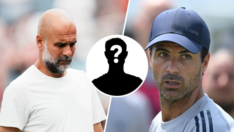 Split image - Pep Guardiola with his head down (left) Mikel Arteta wearing a hat during Arsenal training (right) mystery player inset (middle)