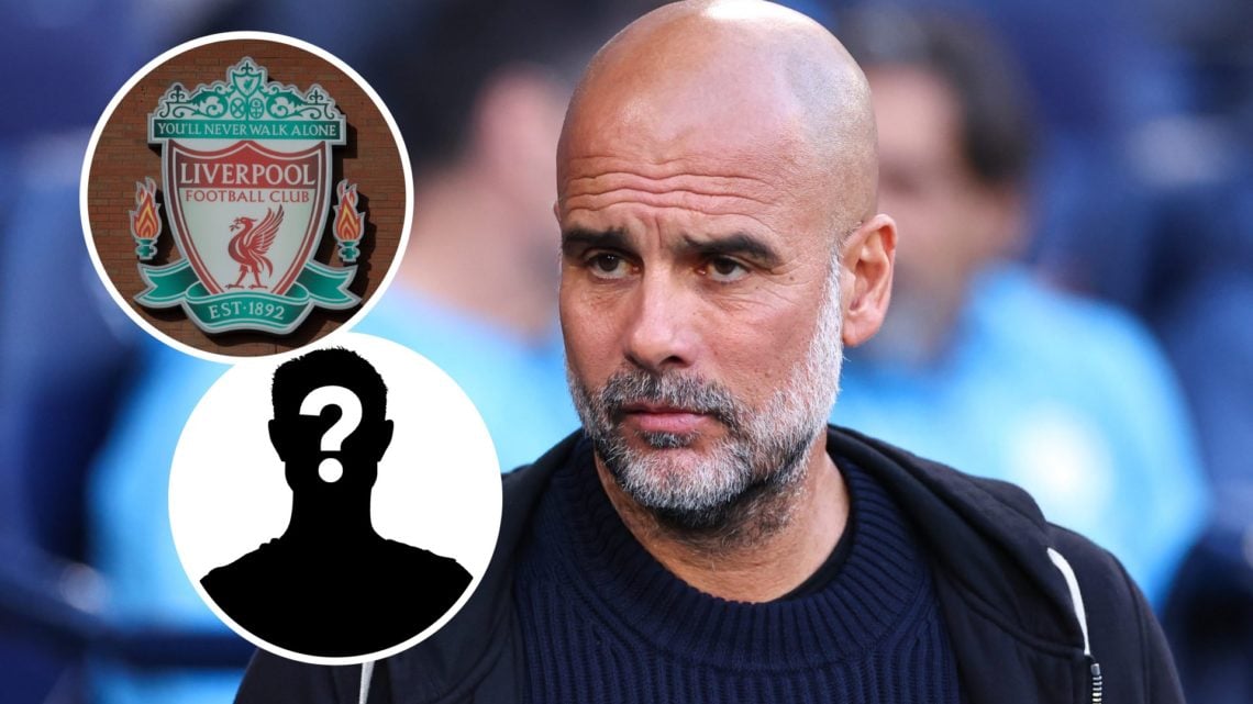 Pep Guardiola looking serious at a Man City match (main image) inset of the Liverpool badge (top left corner) mystery player inset (bottom left cor...