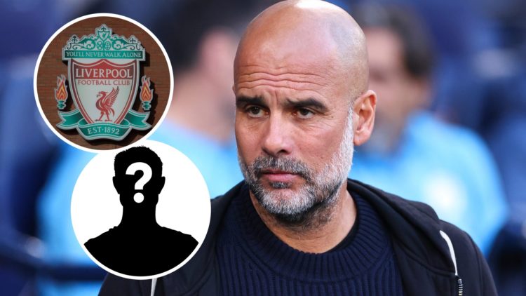 Pep Guardiola looking serious at a Man City match (main image) inset of the Liverpool badge (top left corner) mystery player inset (bottom left cor...