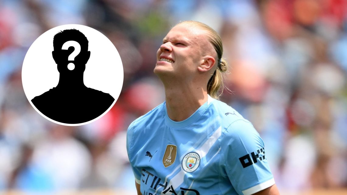 Erling Haaland grimaces in frustration during a Man City game (main image) mystery player inset (top left corner)