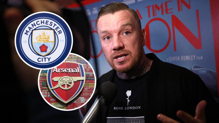 Jamie O'Hara with insets of Manchester City and Arsenal badges