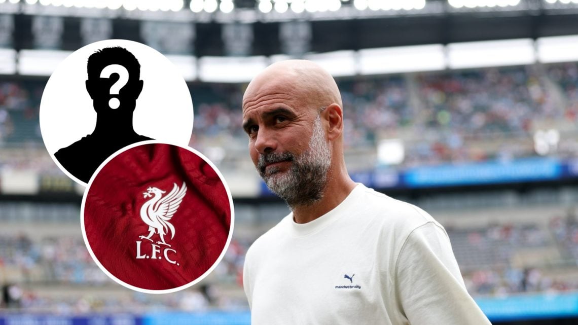 Pep Guardiola smiling while walking at the Club World Cup (main image) mystery player inset (top left corner) inset of Liverpool badge (bottom left...