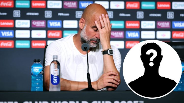 A dejected Pep Guardiola during a Man City press conference (main image) mystery player inset (bottom right corner)