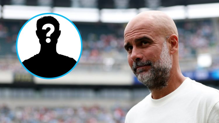 Manchester City manager Pep Guardiola smiles (right), mystery player (inset)