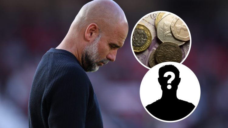 Pep Guardiola with his head down during a Man City match (main image) inset of British pound notes and coins (top right corner) mystery player inse...