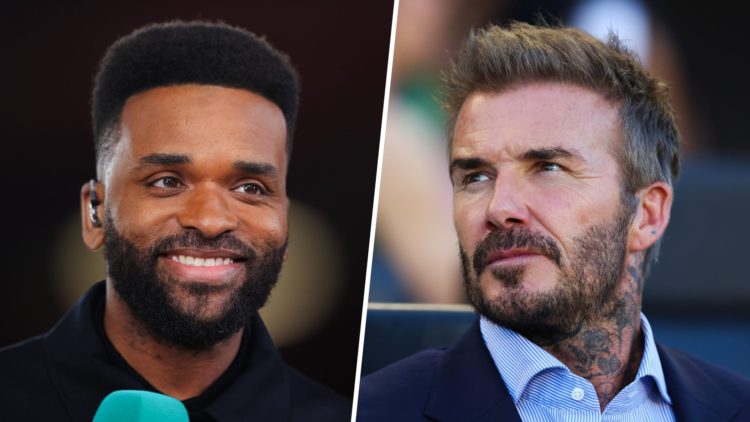 Split image - Darren Bent smiling while doing punditry work (left) close up of David Beckham at a Inter Miami match (right)