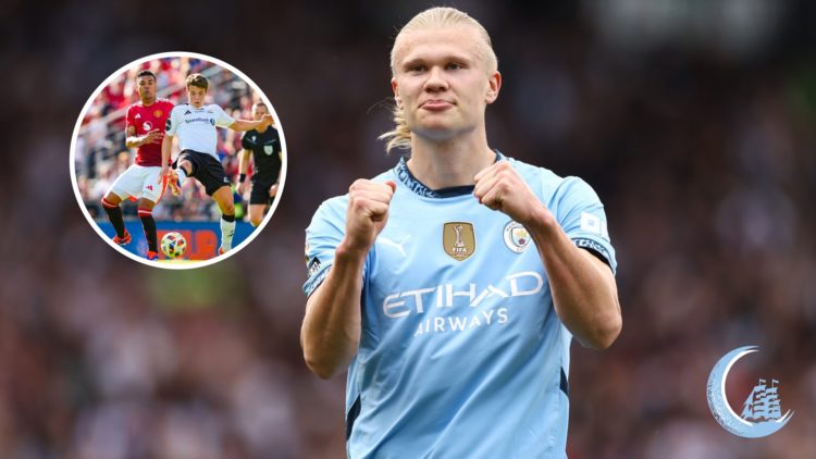 Manchester City striker Erling Haaland with inset of Sverre Nypan in action for Rosenborg