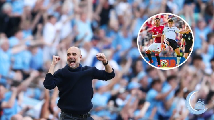 Manchester City manager Pep Guardiola with inset of Sverre Nypan in action