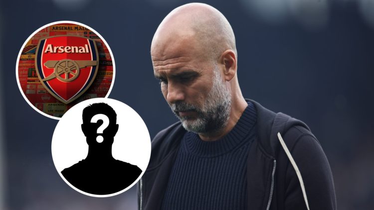 Man City coach Pep Guardiola with his head down (main image) inset of the Arsenal badge (top left corner) mystery player inset (bottom left corner)