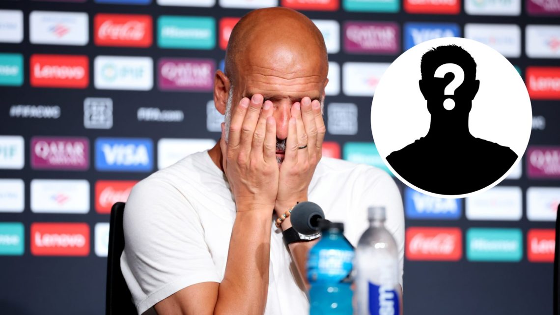 Pep Guardiola covers his eyes at a Man City press conference (main image) mystery player inset (top right corner)