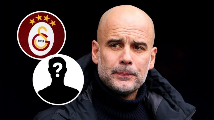 Close up of Man City manager Pep Guardiola (main image) inset of the Galatasaray badge (top left corner) mystery player inset (bottom left corner)