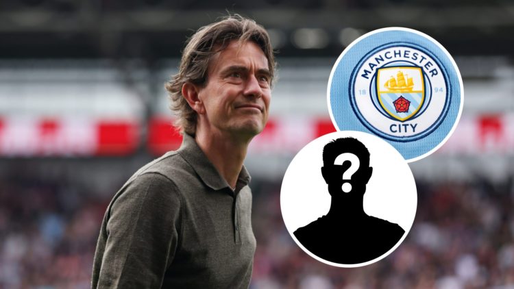 Tottenham manager Thomas Frank smiling (main image) inset of the Man City badge (top right corner) mystery player inset (bottom right corner)