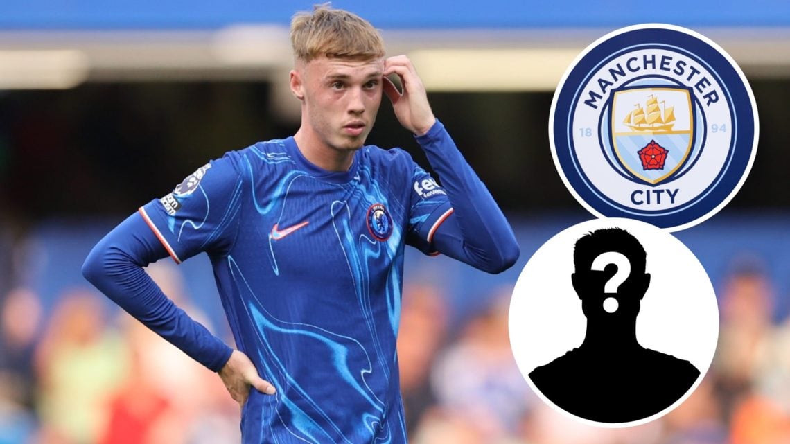 Chelsea winger Cole Palmer with inset of Manchester City badge