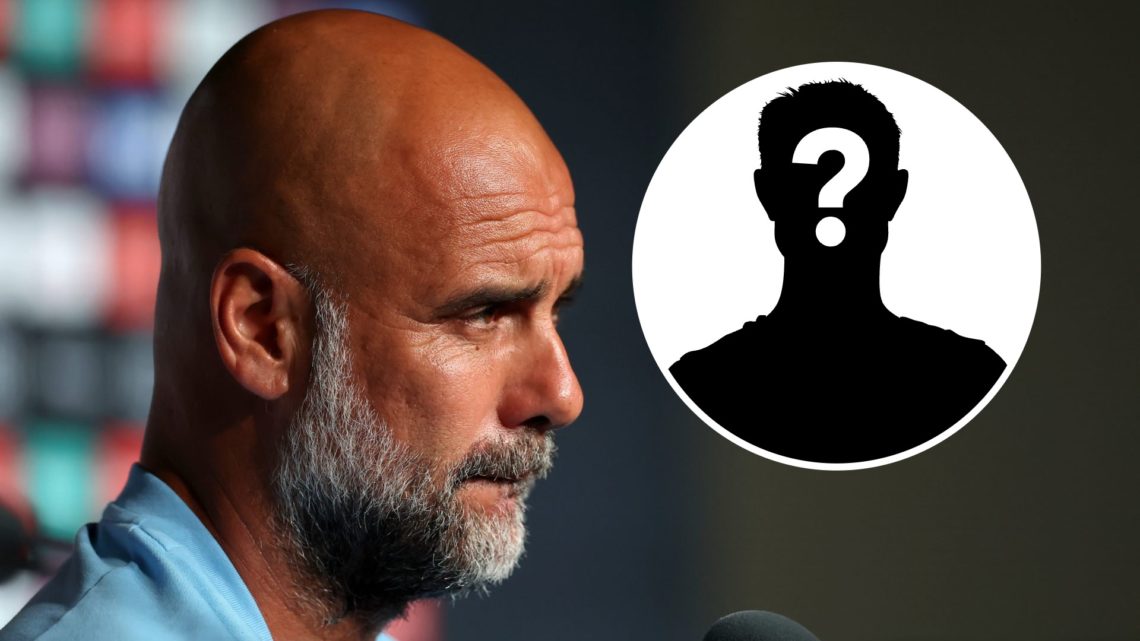 Pep Guardiola at a Man City press conference at the FIFA Club World Cup (main image) mystery player inset (top right corner)