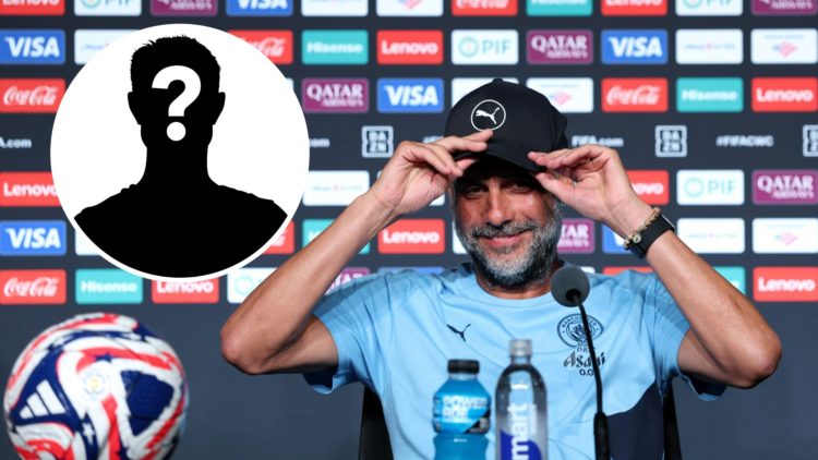 Pep Guardiola smiling at a Man City press conference (main image) mystery player inset (top left corner)