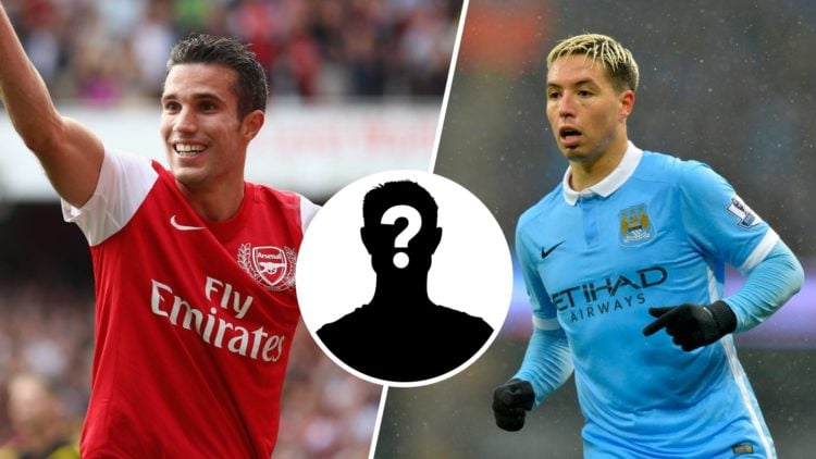 Split image - Robin van Persie smiling in an Arsenal shirt with his hand in the air (left) Samir Nasri in action for Man City (right) mystery playe...