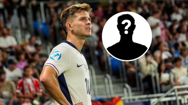 James McAtee in action for the England U21 side, mystery figure inset