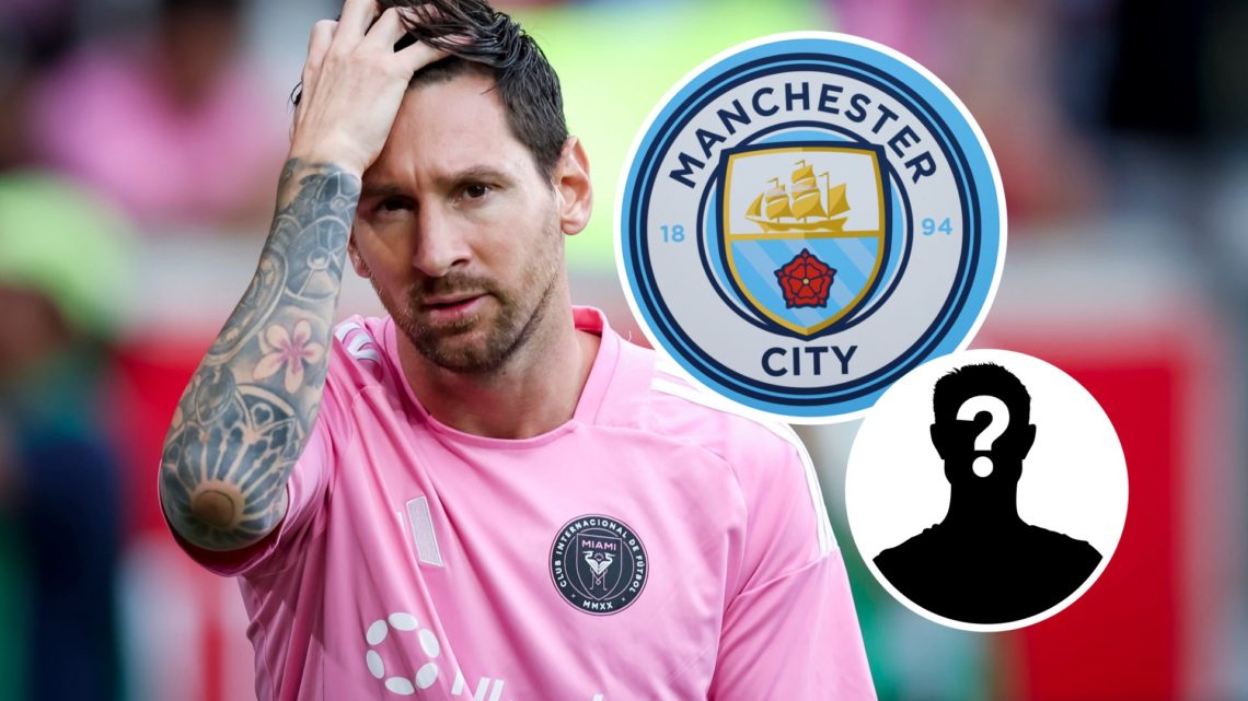 Lionel Messi in action for Inter Miami, Manchester City badge and mystery figure inset