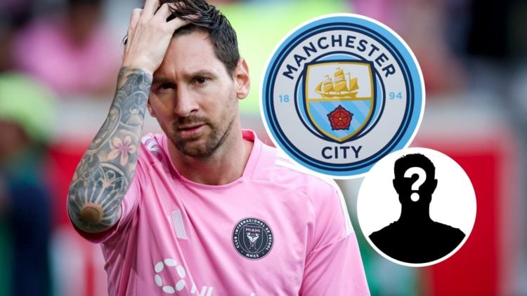 Lionel Messi in action for Inter Miami, Manchester City badge and mystery figure inset