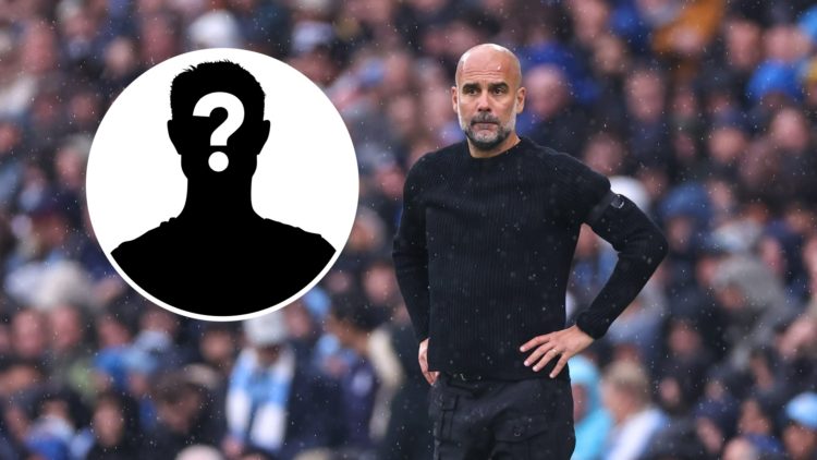 Pep Guardiola stands in the rain during a Man City match (main image) mystery player inset (top left corner)