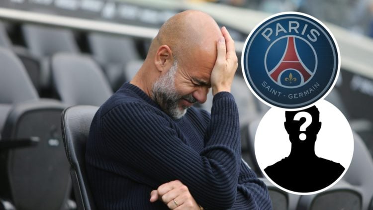 Pep Guardiola with his hand on his forehead (main image) inset of the PSG badge (top right corner) mystery player inset (bottom right corner)