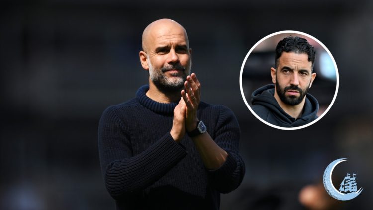 Manchester City manager Pep Guardiola with inset of Manchester United manager Ruben Amorim