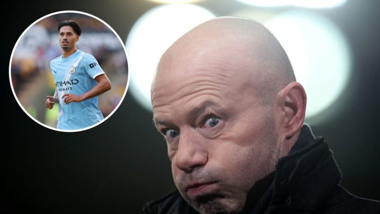 Alan Shearer looking surprised (main image) with inset of Manchester City's Tijjani Reijnders in action against Wolves (top left corner)